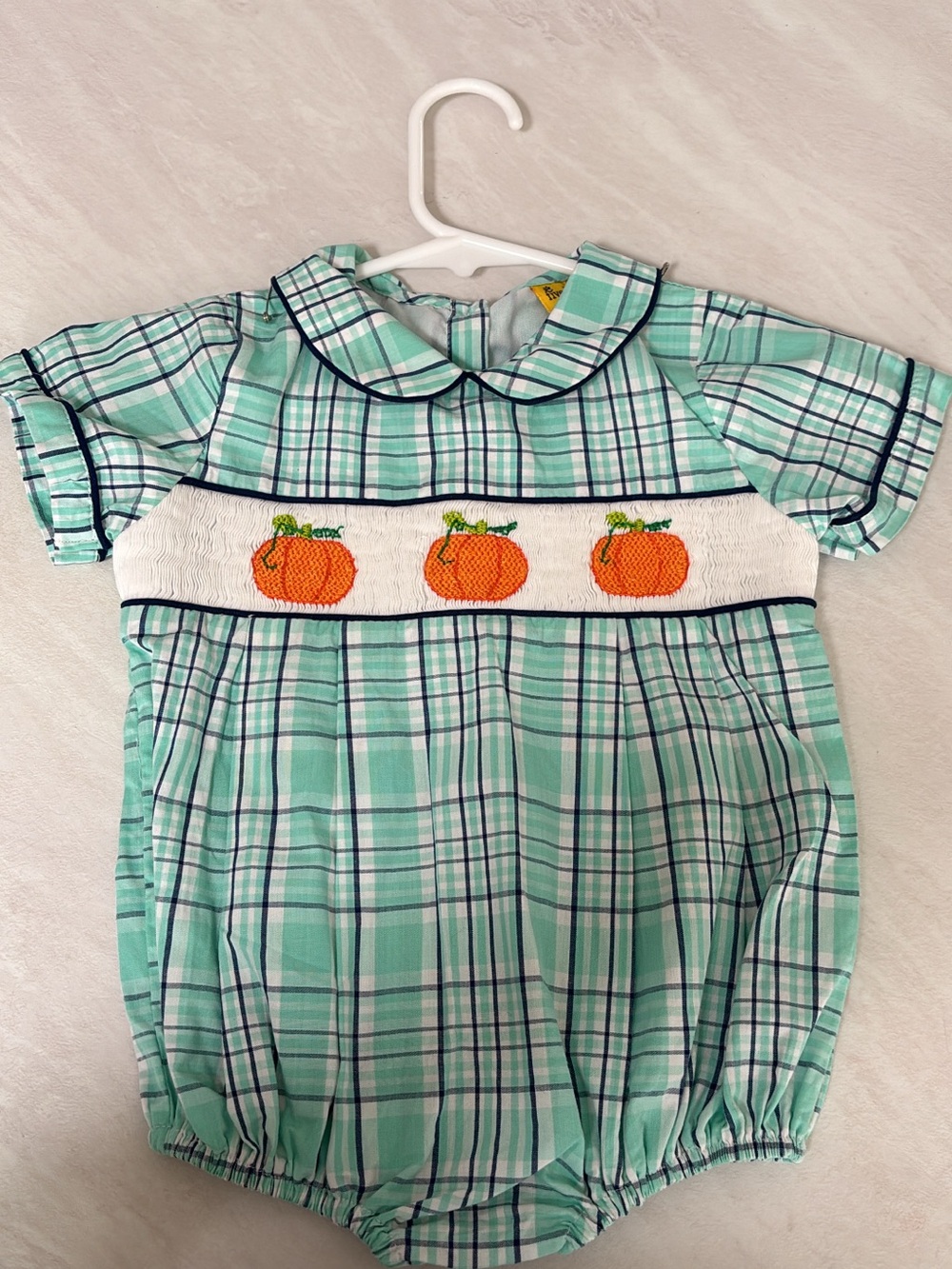 Smocked Pumpkin Plaid Baby Bubble - Mint & Orange